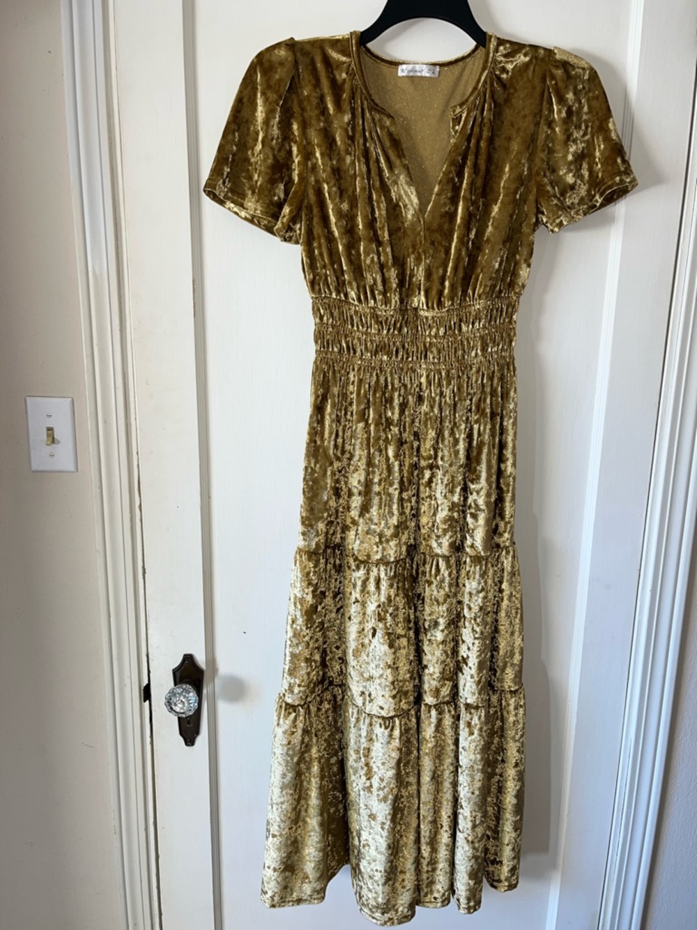 R. Vivimos Gold Velvet Tiered Short-Sleeve Maxi Dress 4/6